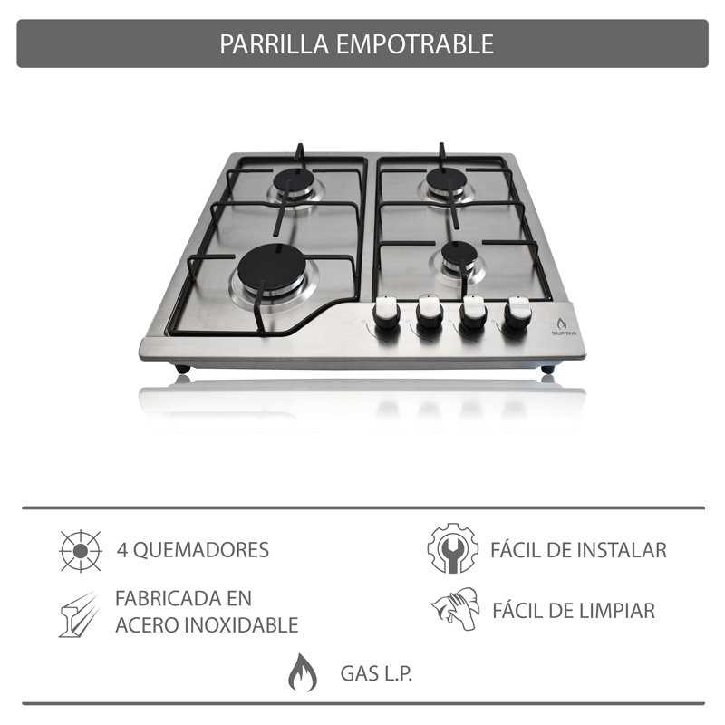 Parrilla para gas lp SUPRA NOVA STEEL parrilla empotrable con cubierta y cuerpo de acero inoxidable de 4 quemadores