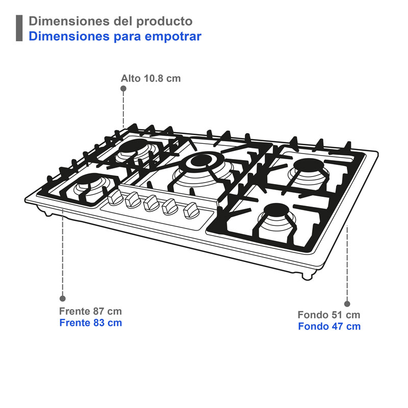 Parrilla de gas empotrable de 5 quemadores SUPRA 5Q-ES-87 parrilla a gas de 87cm con cubierta de acero inoxidable