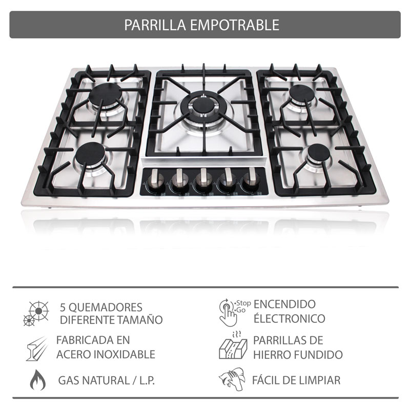 Parrilla de gas empotrable de 5 quemadores SUPRA 5Q-ES-87 parrilla a gas de 87cm con cubierta de acero inoxidable