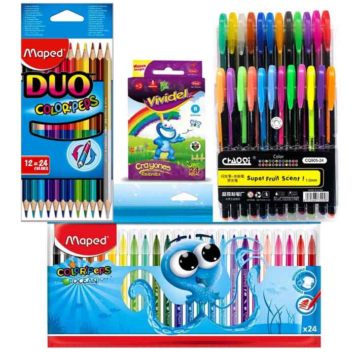 Set Dibujo Colores 24 Surtidos Plumas Gel Plumones Crayolas.