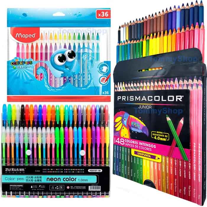 48 Plumas Gel + 48 Colores Prismacolor Junior + 36 Plumones 