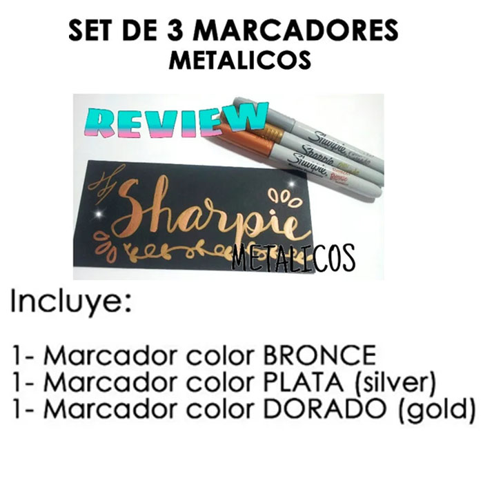 Set 3 Sharpie Metalico Plumon Permanente Fino Plata Dorado