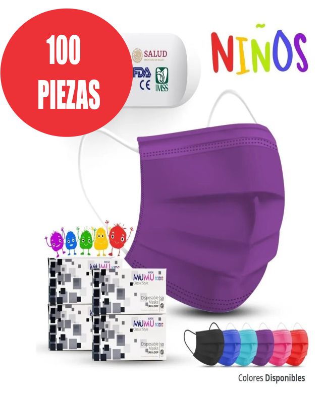 Cubrebocas para niñas Color morado Plisado Tricapa Termosellado 100 pzas