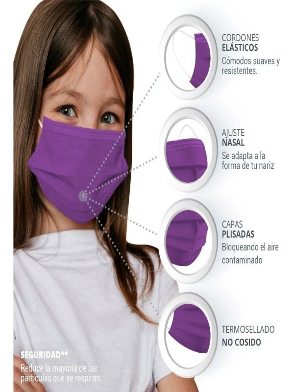 Cubrebocas para niñas Color morado Plisado Tricapa Termosellado 100 pzas