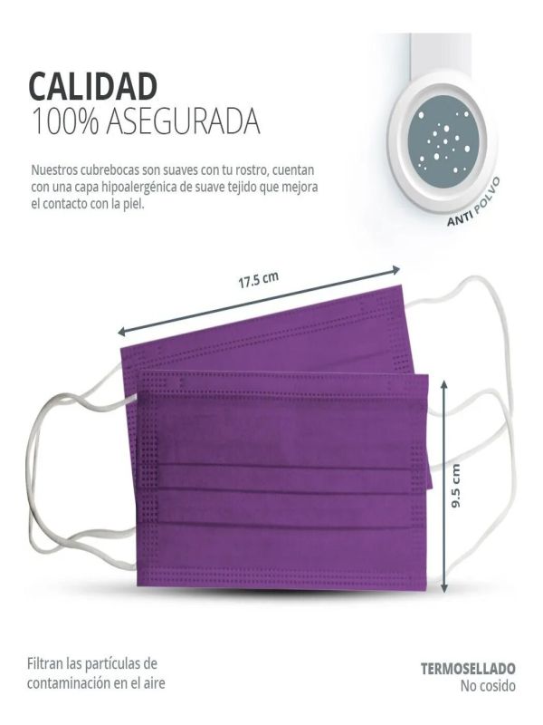 Cubrebocas para niñas Color morado Plisado Tricapa Termosellado 100 pzas