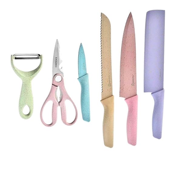 Set De Cuchillos Eco Friendly Acero Inoxidable Mango Fibra De Trigo En Colores Pastel + Estuche Y Accesorios