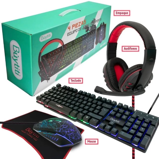 Kit Gamer De Teclado Mouse Audífonos Mousepad Luz Rgb 4 En 1