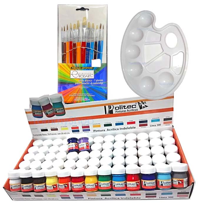 Set Pintura Politec L300 78 Botes 20 Ml + Pinceles Y Godete
