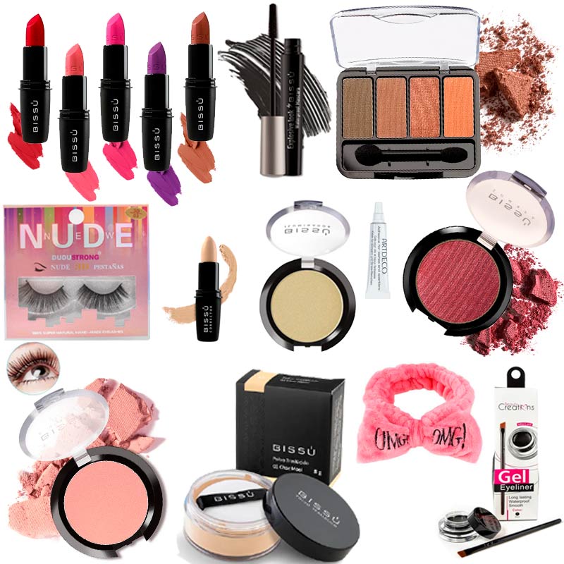 16 Pzas de Maquillaje Cosméticos Labiales Sombras Polvo Rubor Incluye  Diadema De Regalo
