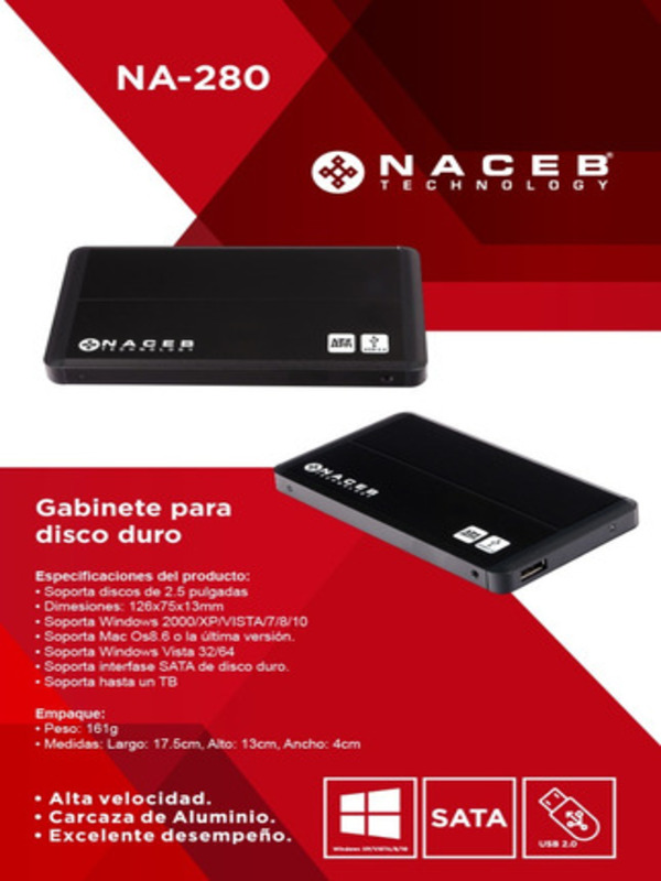 Gabinete Disco Duro 2.5 Sata Usb 2.0 Aluminio Naceb Na-280