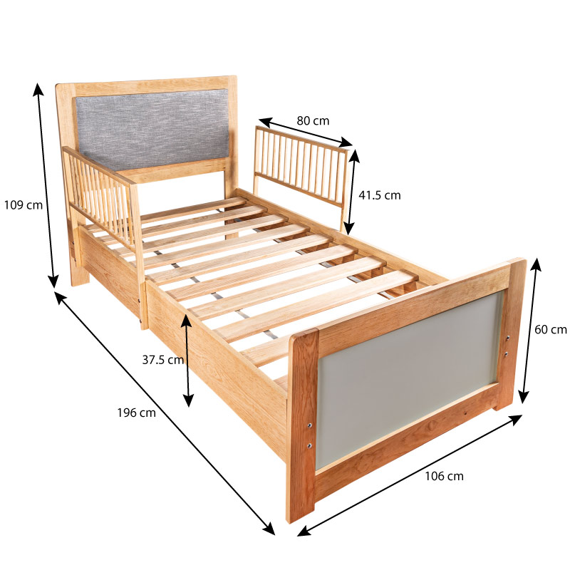DUDUK Cama de Madera con barandales y cabecera acolchonada - Niños a Jóvenes
