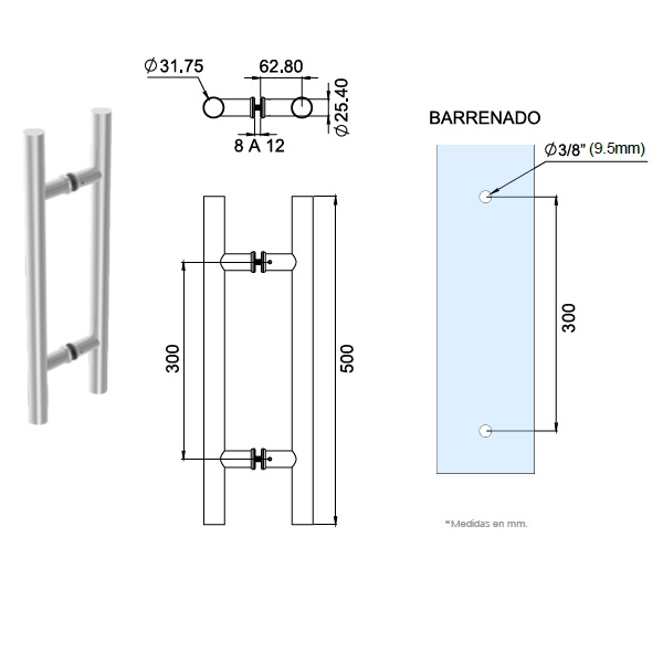 Jaladera De Acero Inoxidable Tipo H 50cm Para Puerta De Cristal, Madera O Herrería Satín