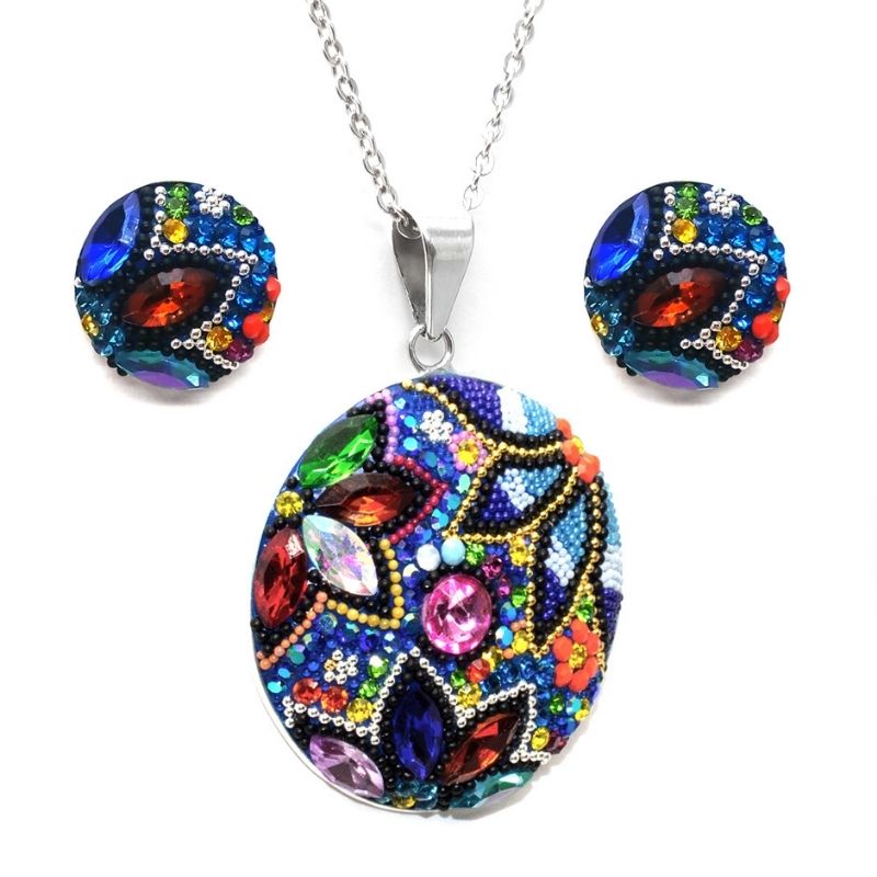 Juego de collar y aretes Medallón Multicolor de Plata .925 Joyería Zvezda