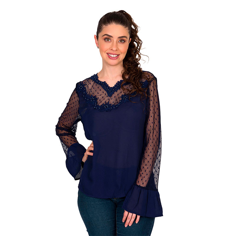 Blusa Moda Mujer Perlas Manga Larga V-8817