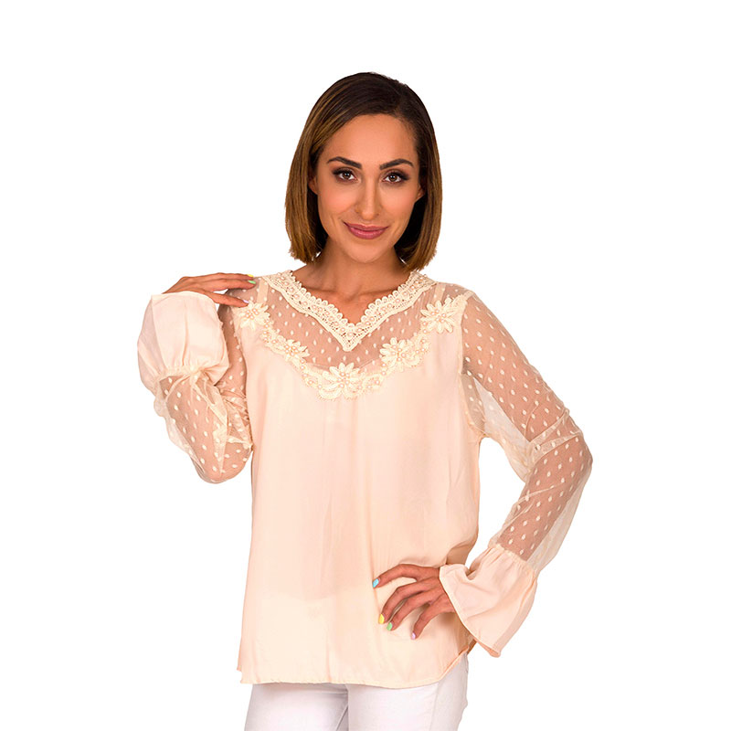 Blusa Moda Mujer Perlas Manga Larga V-8817