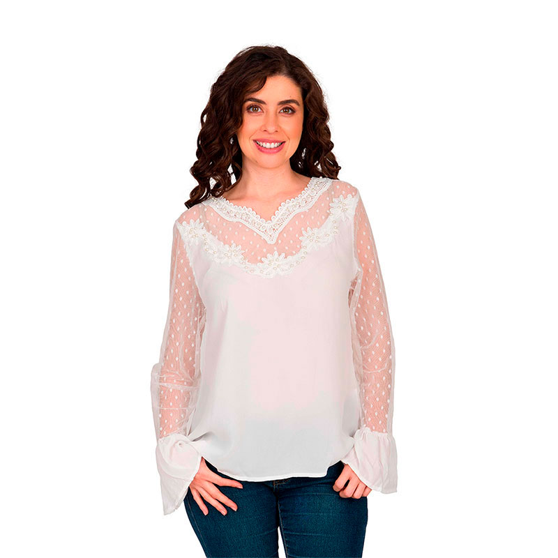 Blusa Moda Mujer Perlas Manga Larga V-8817