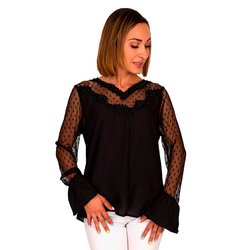 Blusa Moda Mujer Perlas Manga Larga V-8817