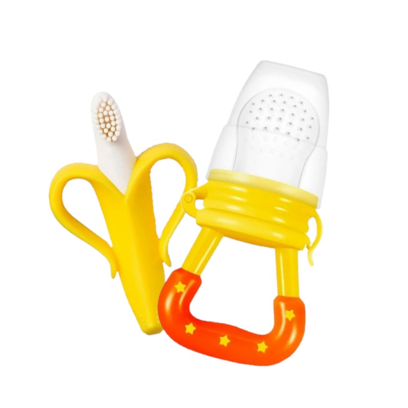 CHUPÓN BEBÉ FRUTA AMARILLO MEDIANO + CEPILLO DENTAL PARA BEBÉ AMARILLO EN FORMA DE BANANA GER