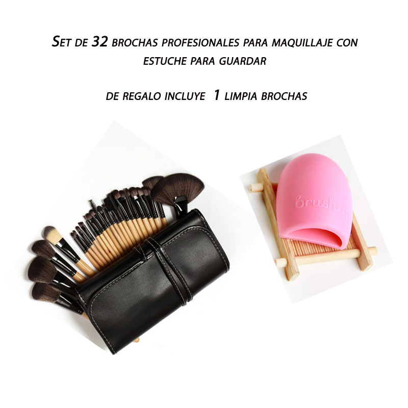 Set De 32 Brochas Maquillaje color Madera Profesional De Ojos + 1 Regalo Limpia Brochas