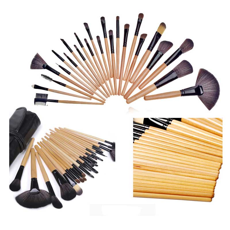 Set De 32 Brochas Maquillaje color Madera Profesional De Ojos + 1 Regalo Limpia Brochas