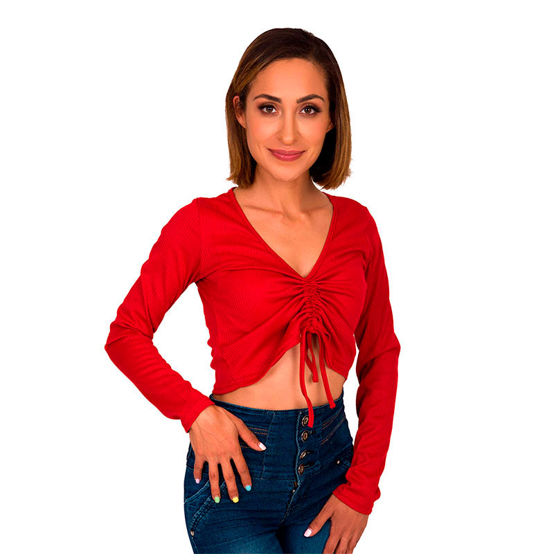 Blusa Crop Top Moda Mujer Cordón Chiffon Manga Larga V-9501