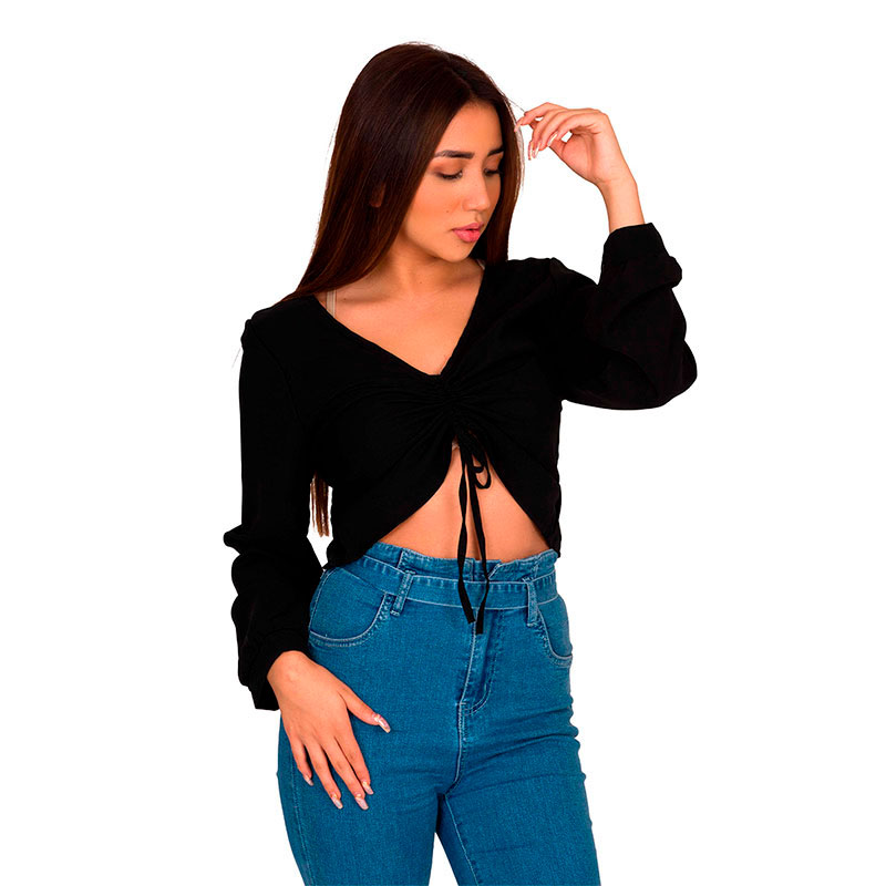 Blusa Crop Top Moda Mujer Cordón Chiffon Manga Larga V-9501