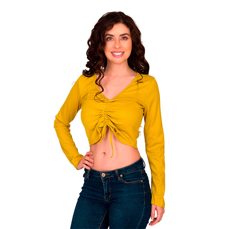 Blusa Crop Top Moda Mujer Cordón Chiffon Manga Larga V-9501