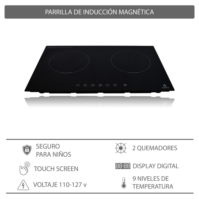 Parrilla de inducción magnética empotrable de 2 quemadores SUPRA DUE-E en color negro de 69 cm