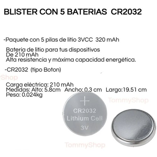 Blister 5 Pilas Baterias Cr2032 Tipo Boton 3v 210mah