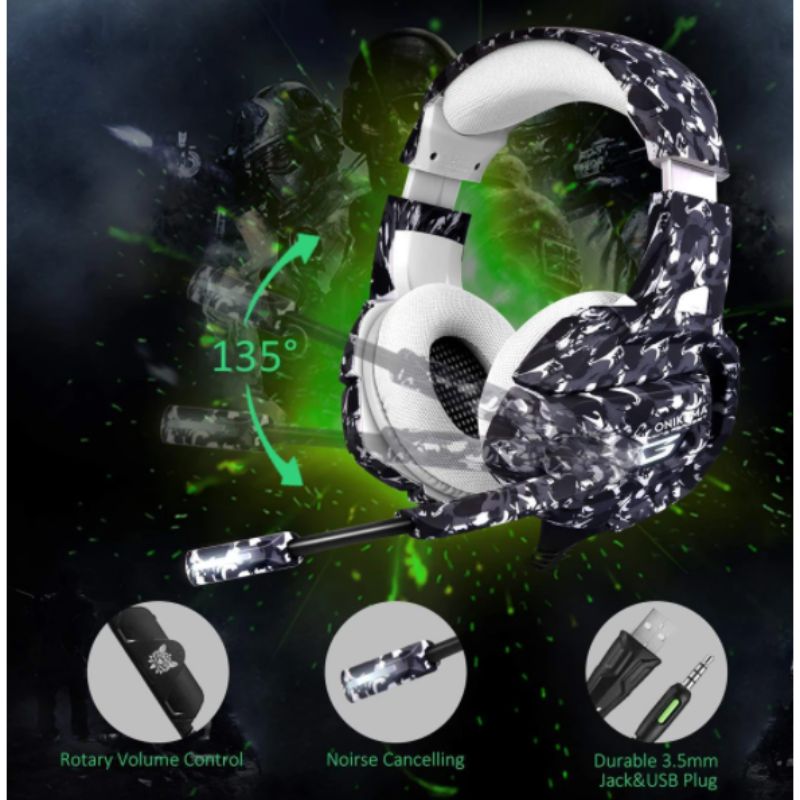 AUDÍFONOS GAMER ONIKUMA K5 CAMO CON LUZ LED