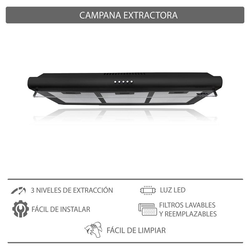 Campana extractora para cocina de 80cm SUPRA CB-80-BLACK en acero inoxidable color negro 