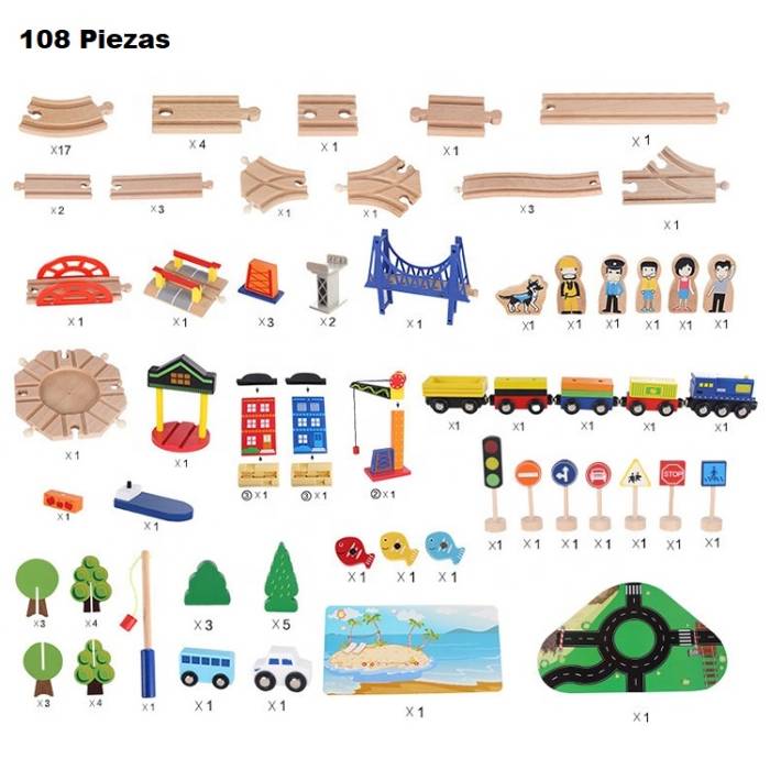 Juguete Didáctico Educativo Pista Ferrocarril & Tren De Madera 108 piezas