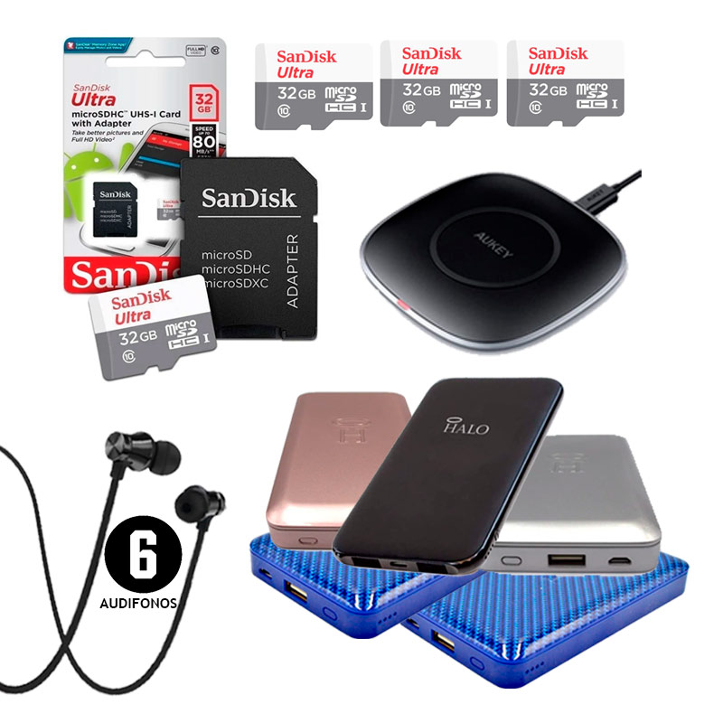 Cargador Inalámbrico Qi Carga Rápida para celular 15w Certified +  5 Power Bank + 6 Audífonos + 3 Microsd 32 GB