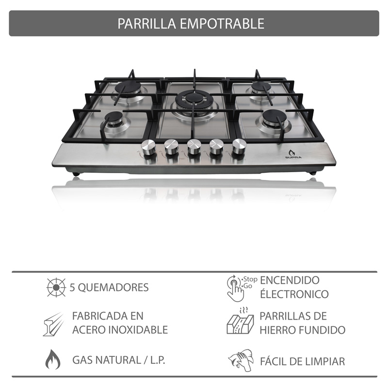 Parrilla de 5 quemadores SUPRA 5Q-PS-76 parrilla de gas empotrable en 76 cm con cubierta de acero inoxidable