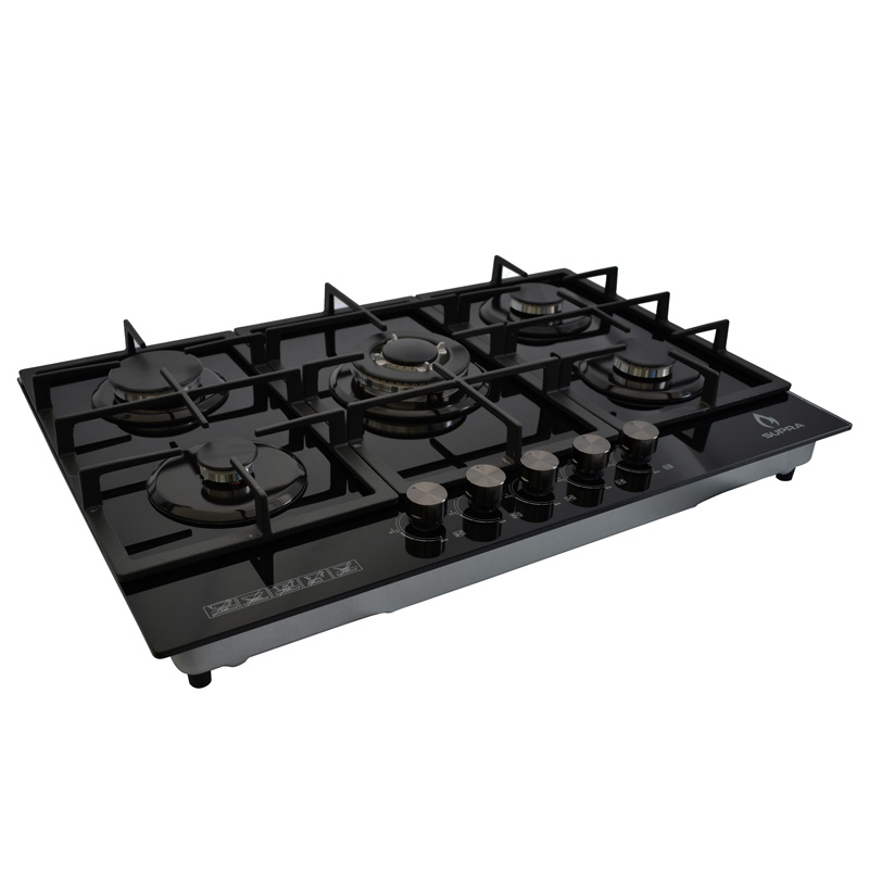 Parrilla de 5 quemadores SUPRA 5Q-PG-76 parrilla de gas empotrable en 76 cm con cubierta de cristal templado color negro