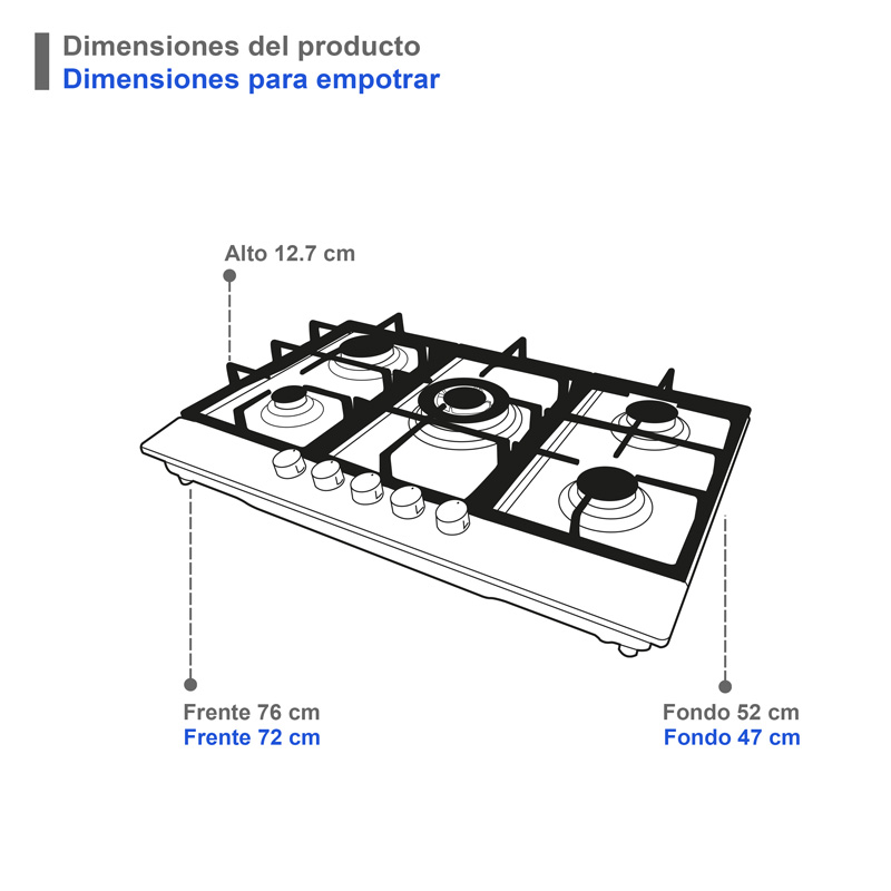Parrilla de 5 quemadores SUPRA 5Q-PG-76 parrilla de gas empotrable en 76 cm con cubierta de cristal templado color negro