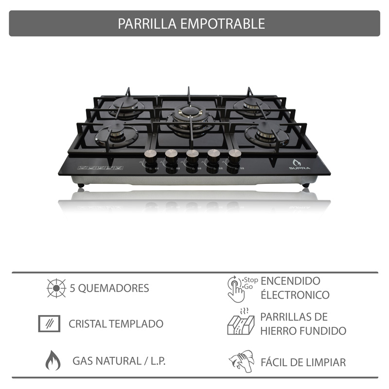 Parrilla de 5 quemadores SUPRA 5Q-PG-76 parrilla de gas empotrable en 76 cm con cubierta de cristal templado color negro