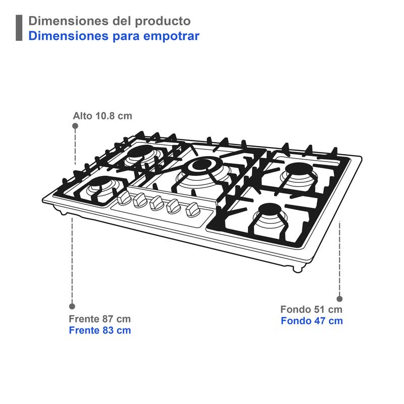 Parrilla de gas empotrable de 5 quemadores SUPRA 5Q-EB-87 con cubierta de acero inoxidable color negro