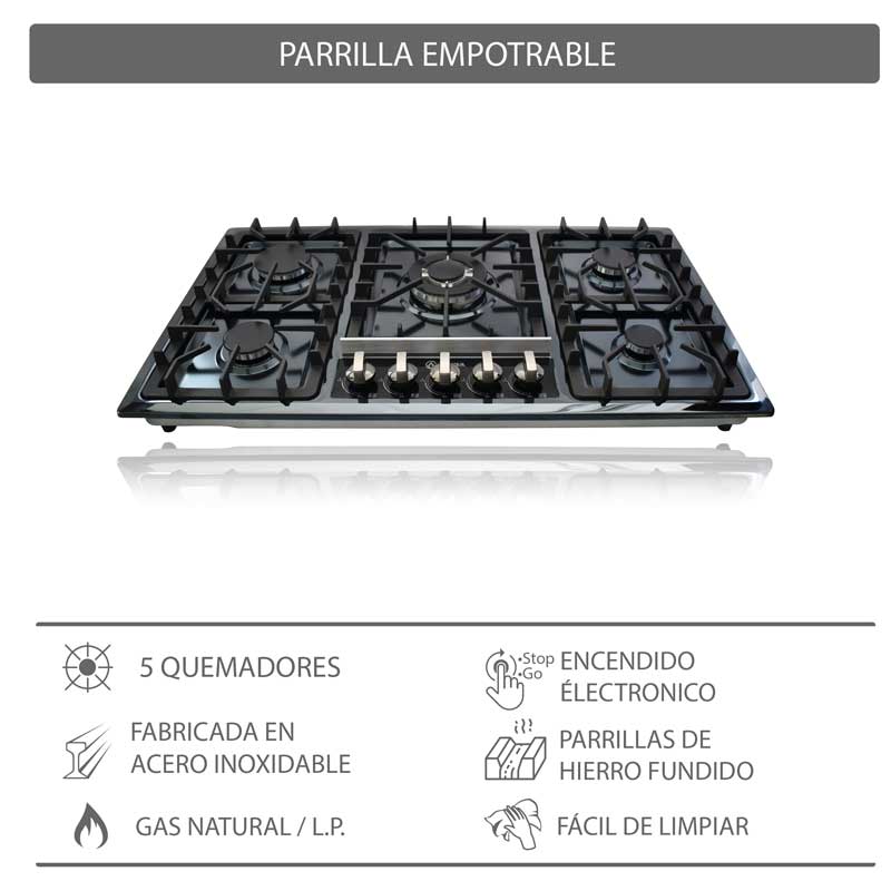 Parrilla de gas empotrable de 5 quemadores SUPRA 5Q-EB-87 con cubierta de acero inoxidable color negro