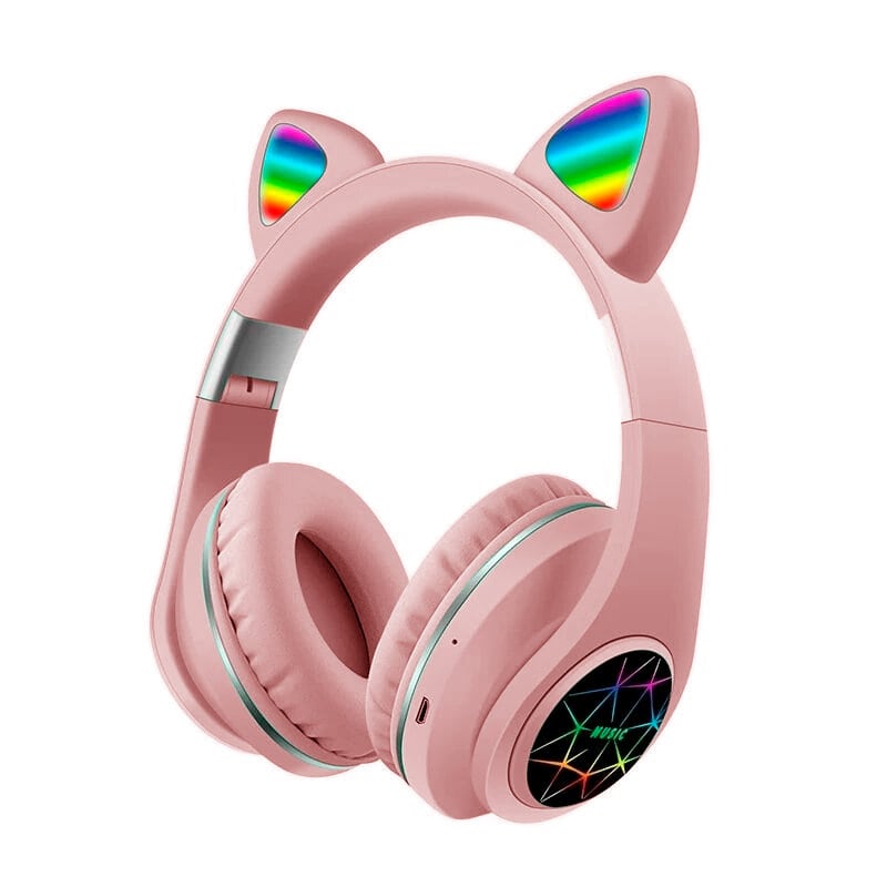 Audífonos Bluetooth Diadema Orejas de Gato con luz LED, LBP, con Cancelación de Ruido -Rosa