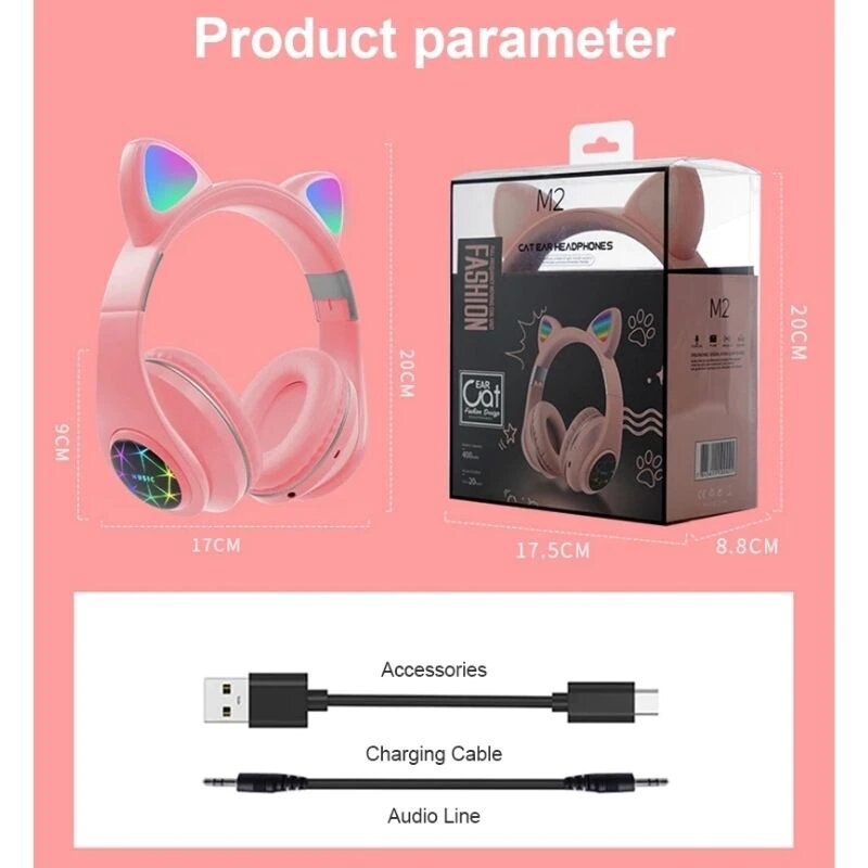 Audífonos Bluetooth Diadema Orejas de Gato con luz LED, LBP, con Cancelación de Ruido -Rosa