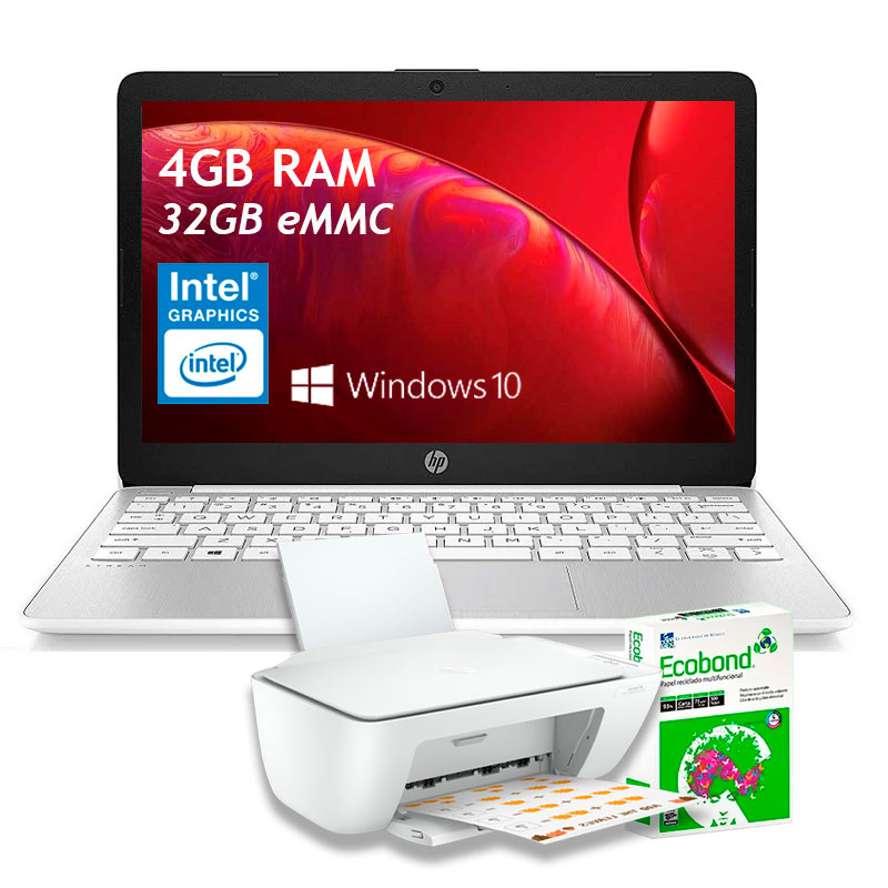 Laptop HP Stream 11 intel celeron 32gb eMMC 4Gb de Ram + Impresora + 500 hojas blanca