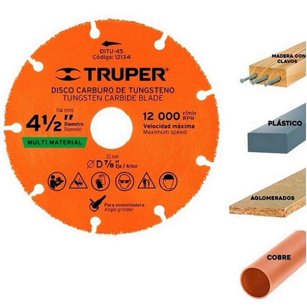 DISSCO PARA CORTAR MADERA CON ESMERILADORA ANGULAR DE 4 1/2 TRUPER 