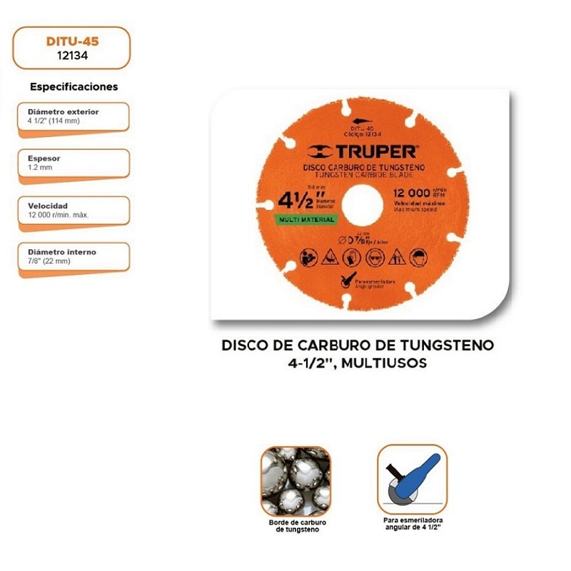 DISSCO PARA CORTAR MADERA CON ESMERILADORA ANGULAR DE 4 1/2 TRUPER 