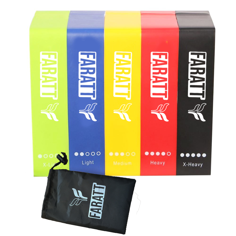 Faratt Ligas de Resistencia para Ejercicio (Paquete de 5 Diferentes Niveles). Ideales para Ejercicio en Casa, Gimnasio, Fisioterapia, Yoga, Pilates, Crossfit. Incluye Bolsa para Transportar las Bandas Elásticas y E-book 