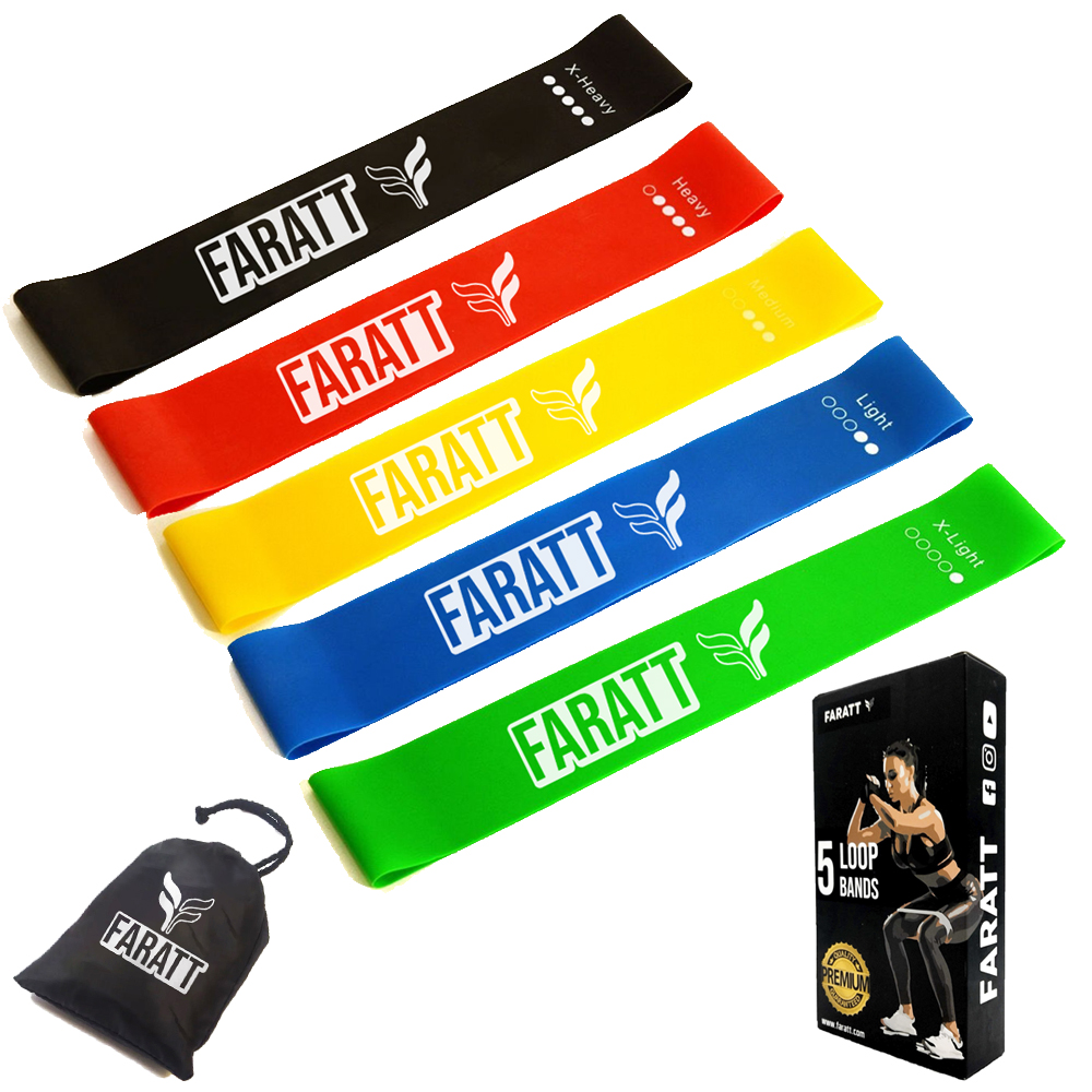 Faratt Ligas de Resistencia para Ejercicio (Paquete de 5 Diferentes Niveles). Ideales para Ejercicio en Casa, Gimnasio, Fisioterapia, Yoga, Pilates, Crossfit. Incluye Bolsa para Transportar las Bandas Elásticas y E-book 