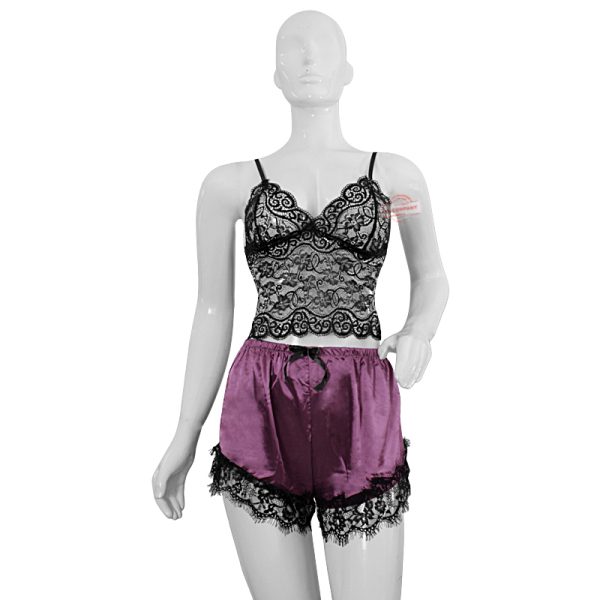 Conjunto Dama Bata + Short + Bralette Satin Lenceria 19173