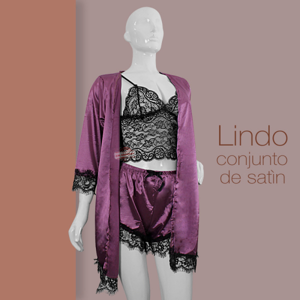 Conjunto Dama Bata + Short + Bralette Satin Lenceria 19173