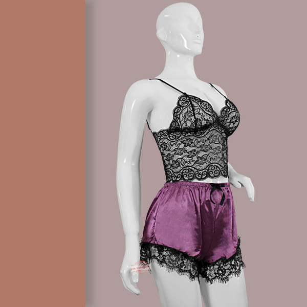 Conjunto Dama Bata + Short + Bralette Satin Lenceria 19173
