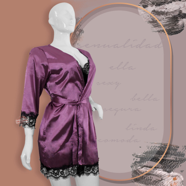 Conjunto Dama Bata + Short + Bralette Satin Lenceria 19173